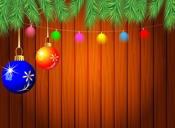Houten structuur met de takken van kerstboom en decoratio — Stockvector