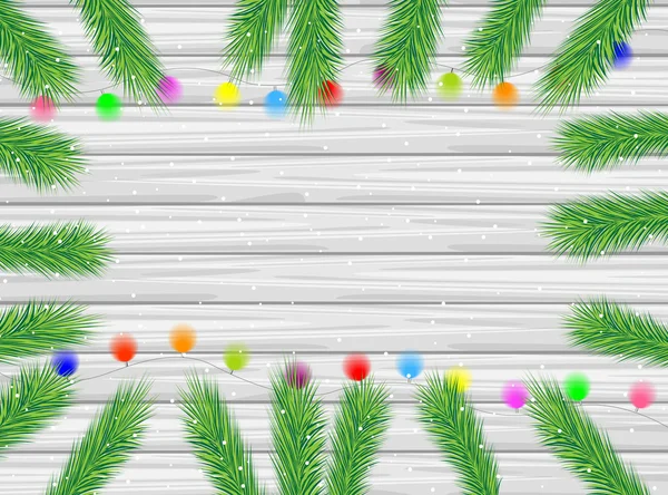 Noel ağacı ve parlak ga dalları ile ahşap doku — Stok Vektör