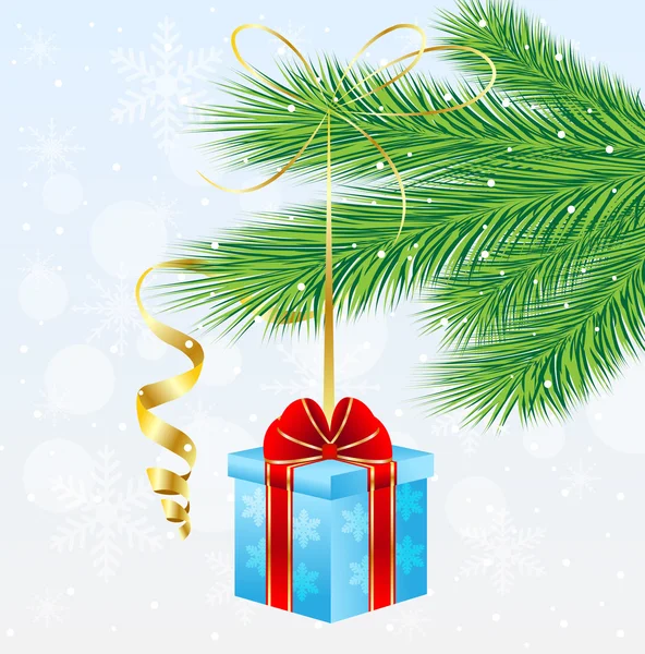 Doos van de gift met een rode strik hangt af van de tak van de kerstboom — Stockvector