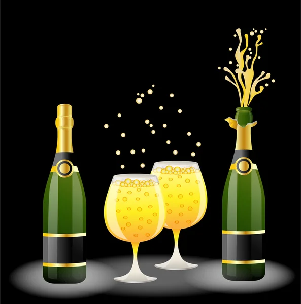Flaschen und Gläser mit Champagner auf schwarzem Hintergrund — Stockvektor