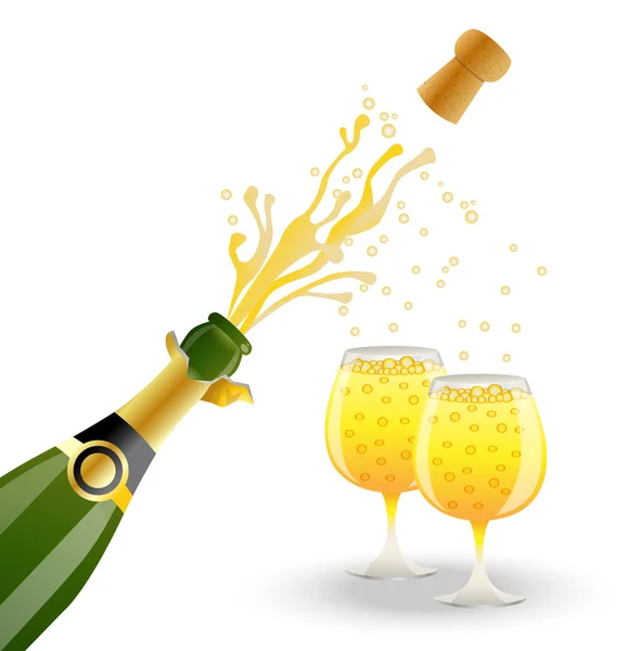 Open bottle and two glasses with champagne — Stock Vector