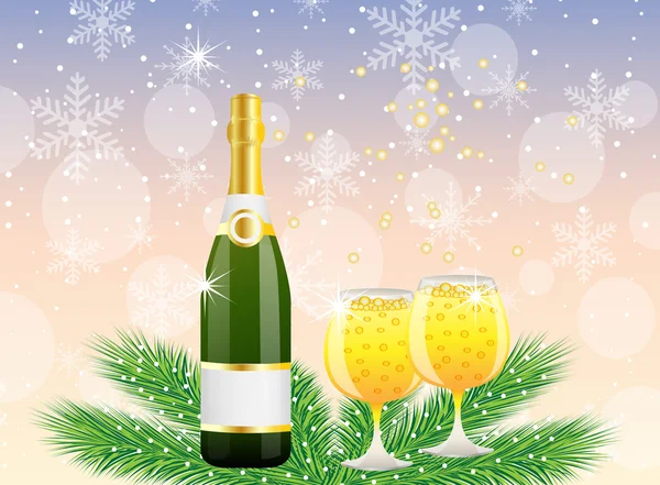 Festive postal with a bottle and glasses of champagne — Stock Vector