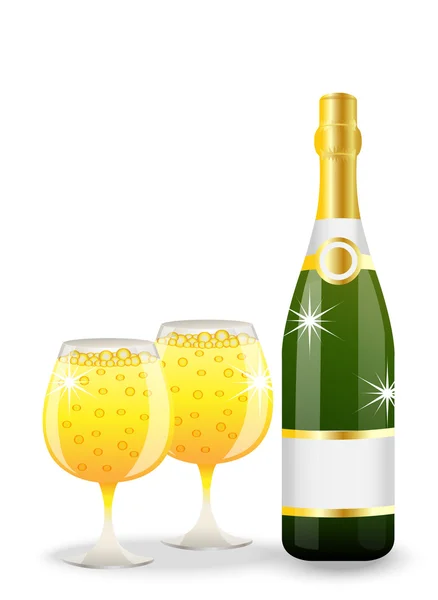 Bottle and glasses of champagne on a white background — Stock Vector