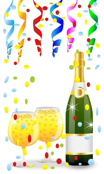 Świąteczny pocztowe z butelki, wlać szklanki szampana i serpentin — Wektor stockowy