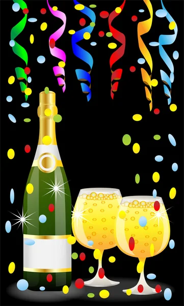 Świąteczny pocztowe z butelki, wlać szklanki szampana i serpentin — Wektor stockowy