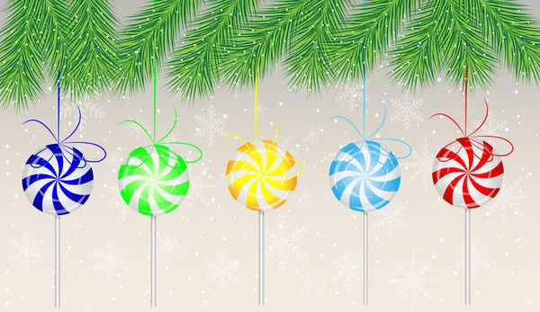 Candies lollipops hang on the branches of christmas tree — Stock Vector