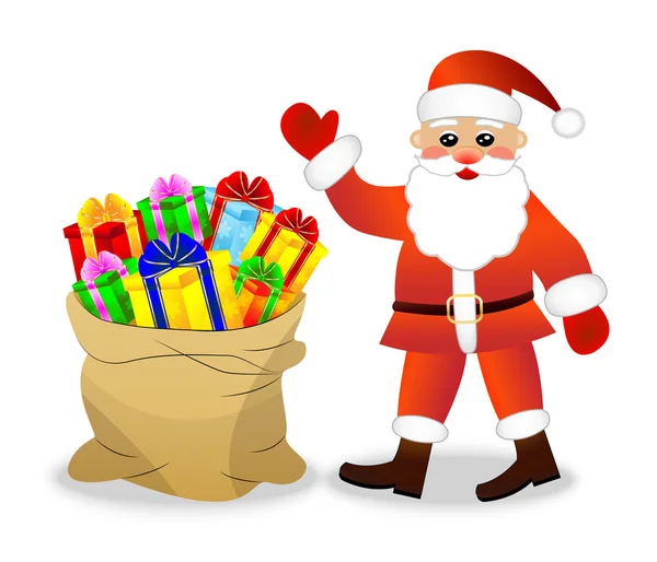 Santa Claus y saco con brillantes cajas de regalo — Vector de stock