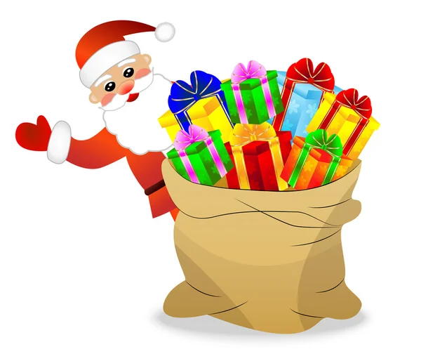Санта-Клаус і мішок з яскравими подарунковими коробками — стоковий вектор