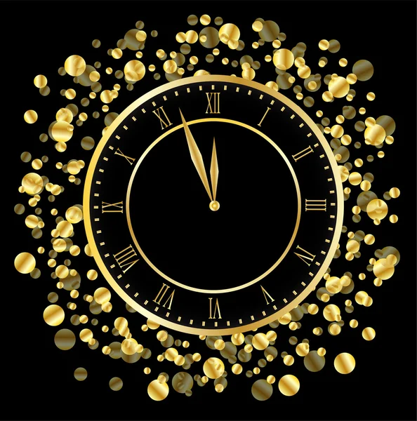 ゴールドのスパンコールで黒の背景上の時計 — ストックベクタ