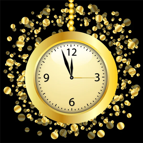 Horloge sur fond noir avec des paillettes d'or — Image vectorielle