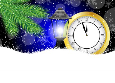 Saat ve fener üstünde-e doğru kar köknar ağacının dalları ile