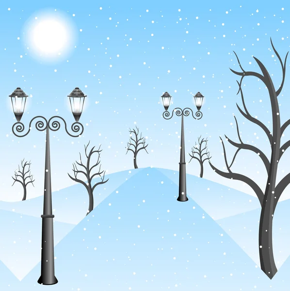 Зимовий пейзаж в парку з ліхтарями — стоковий вектор
