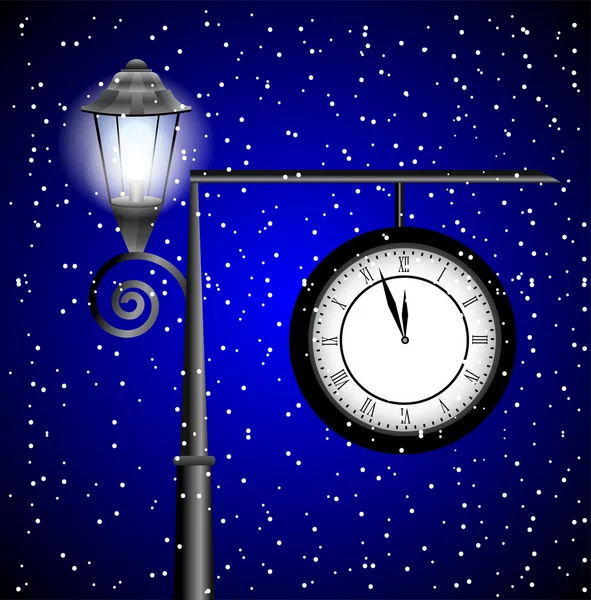 Orologio e lanterna su un posto su un cielo di sfondo — Vettoriale Stock
