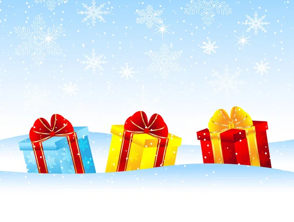 Cajas brillantes con regalos en la nieve — Vector de stock