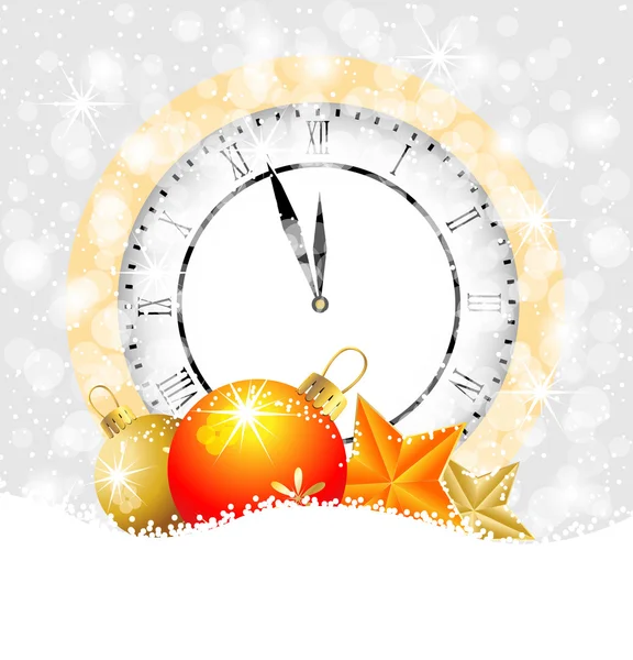 Relógio e decorações festivas sobre a neve — Vetor de Stock