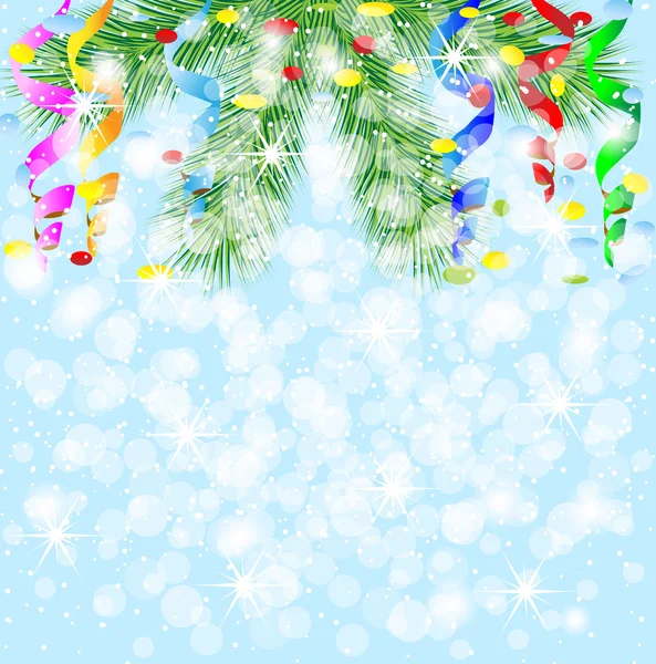 Festive christmas background with green branches and serpentine — Stock Vector