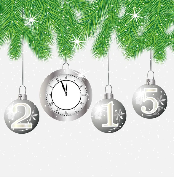 Часы и праздничные мраморы с номерами 2015 висят на ветках — стоковый вектор