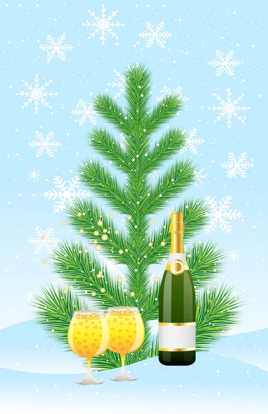 Grüner Baum und Champagner auf Schnee — Stockvektor