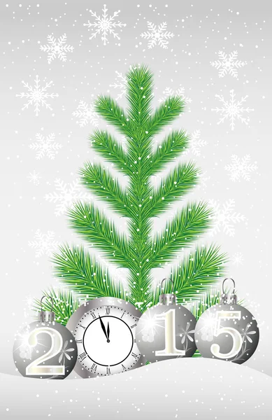 Green tree, clock and marbles with numbers 2015 on to snow — Stock Vector