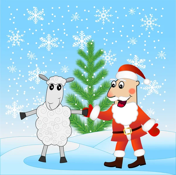 Санта-Клаус і вівці біля ялинки — стоковий вектор