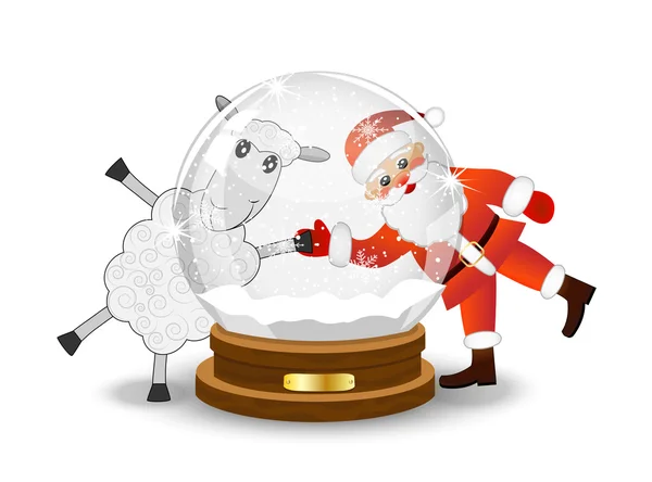 Santa claus and sheep look through a glass festive ball — Stock Vector