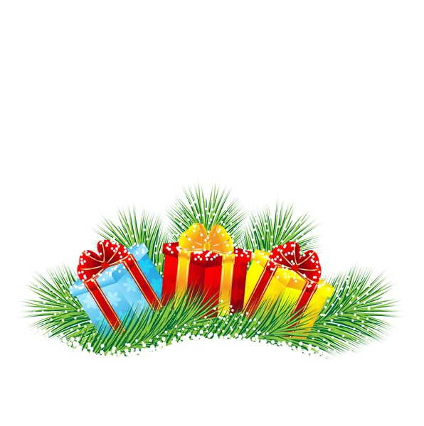 Cadeaux varicolores avec les branches de sapin sur la neige — Image vectorielle