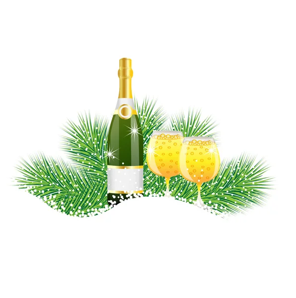 Bouteille et deux verres de champagne avec les branches de sapin-tre — Image vectorielle