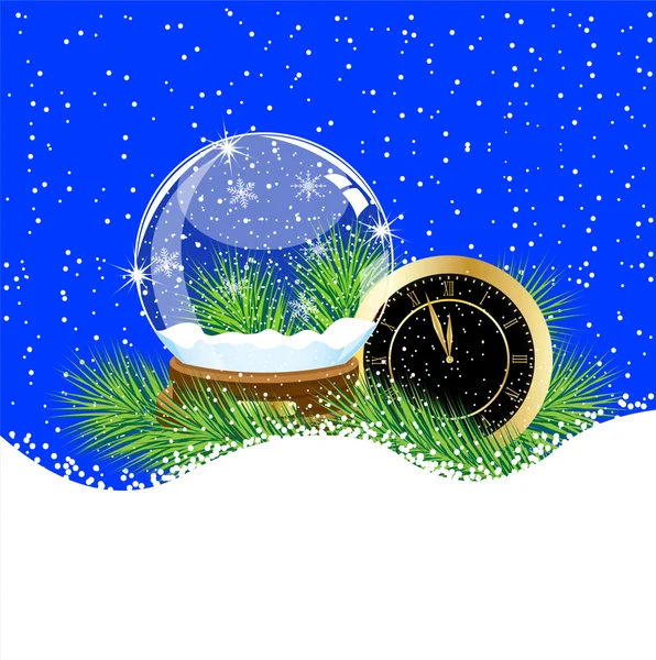 Glass ball and clock with the branches of fir-tree on to snow — Stock Vector