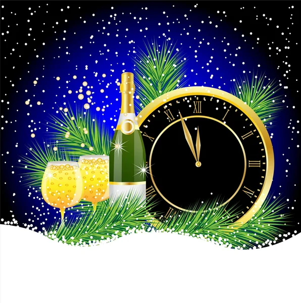 Horloge et champagne avec les branches de sapin sur la neige — Image vectorielle