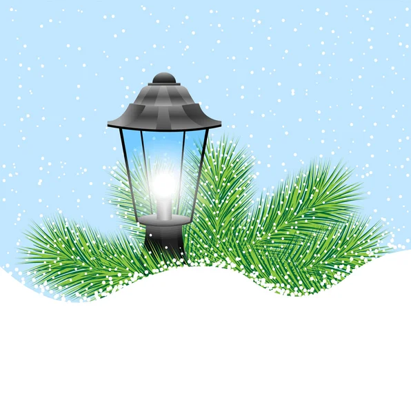 Lantern with the branches of fir-tree on to snow — Stock Vector