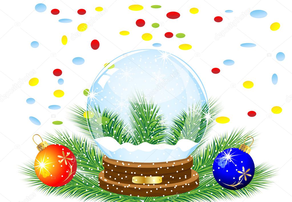 glass festive ball, two marbles and varicoloured confettis