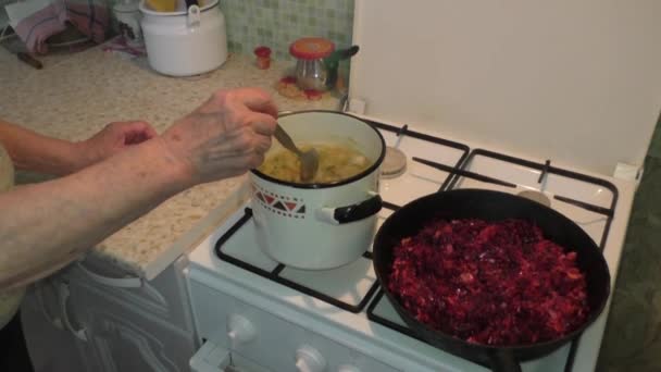 La mujer revuelve lentamente la sopa de cuchara — Vídeo de stock