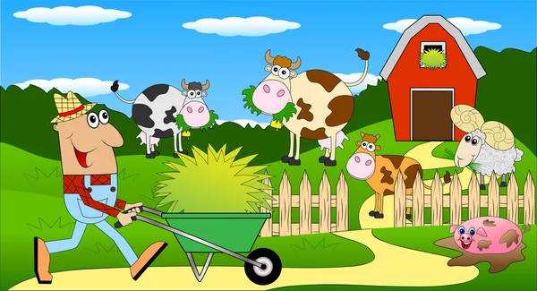 The farmer and the animals grazing on the green lawn — Stock Vector