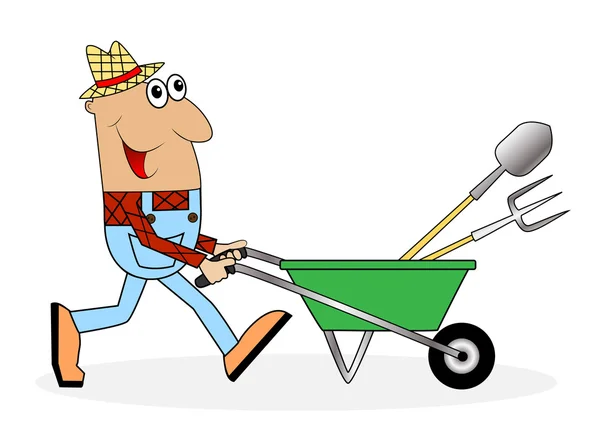 Agricoltore maschio spingendo un carrello con gli strumenti — Vettoriale Stock