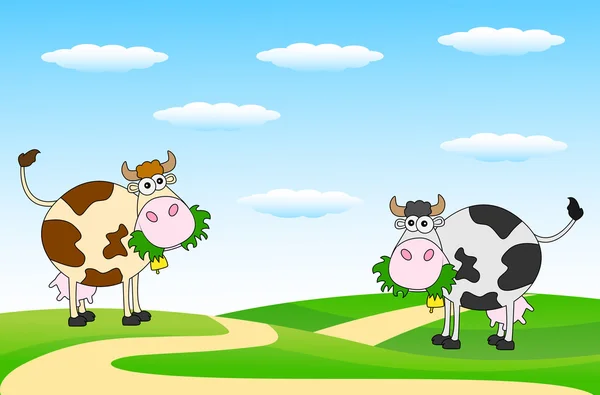 Gefleckte Kühe grasen auf einer Wiese — Stockvektor