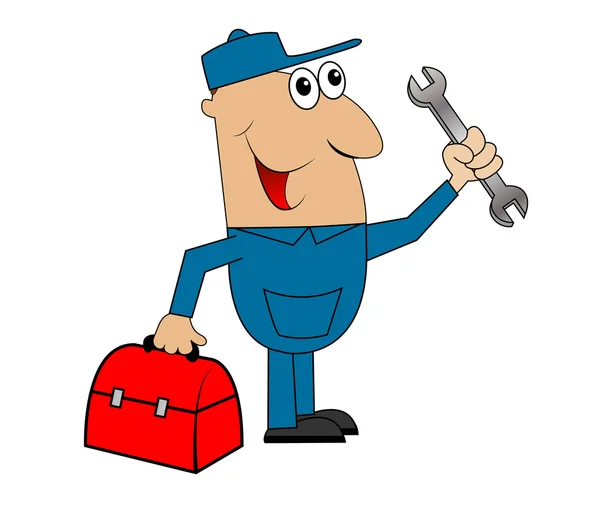 Male mechanic standing with a wrench and a bag — Stock Vector