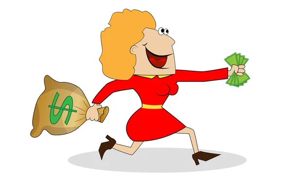 Mulher alegre foge com o dinheiro nas mãos — Vetor de Stock