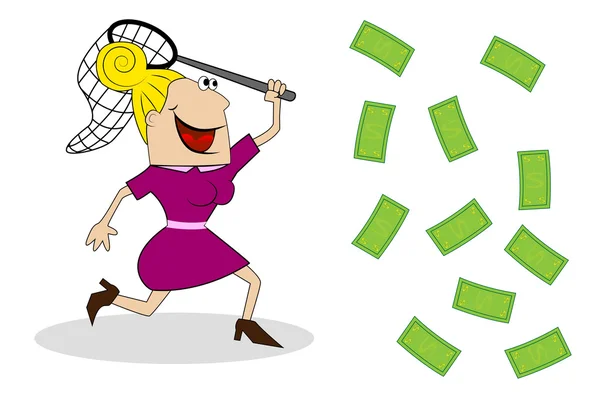 A woman with a butterfly net catches of money — Stock Vector