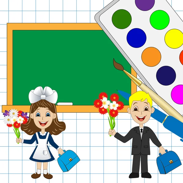 Divertidos bebés con flores y escuela Junta — Vector de stock