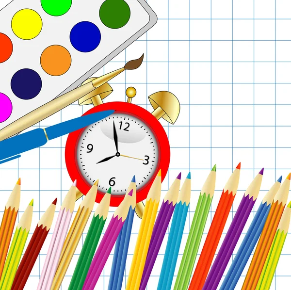 Lápis de cor brilhante, despertador e tinta — Vetor de Stock
