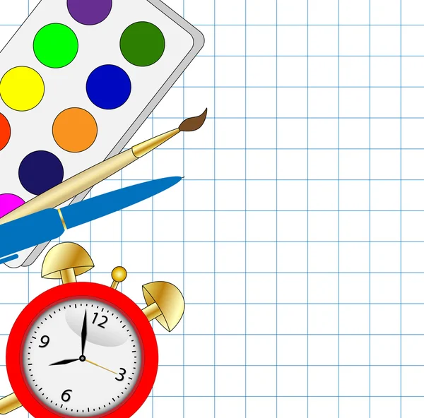 Zářivě barevné tužky, Budík a malování — Stockový vektor