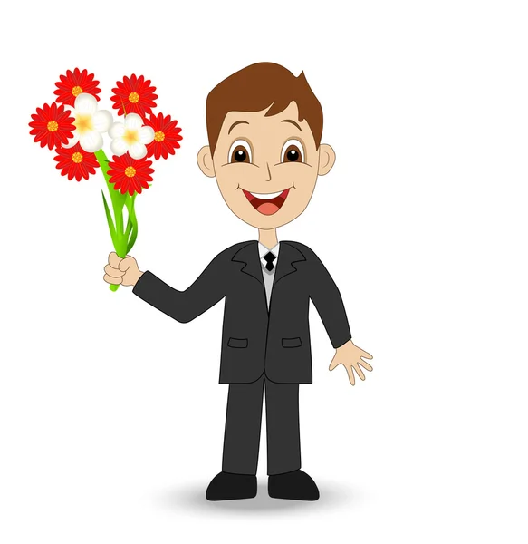 Cheerful boy with a bouquet of flowers on white background — Stock Vector