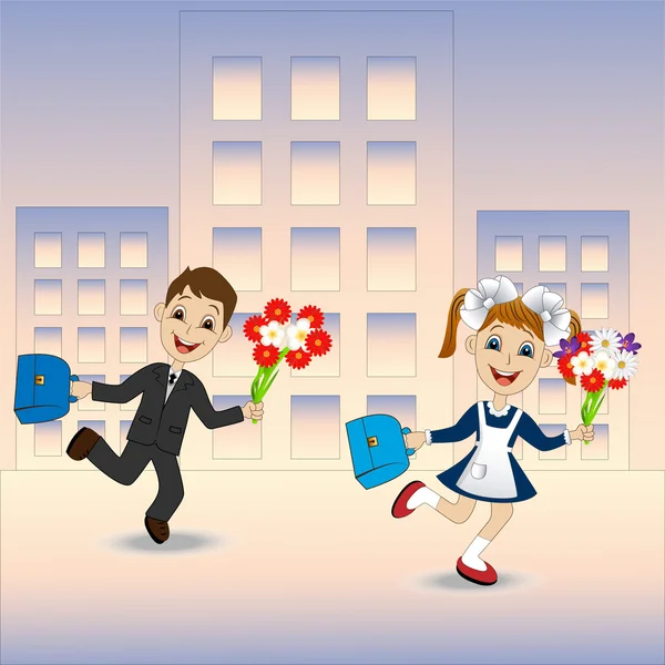 Joyeux fille et garçon courir à l'école — Image vectorielle