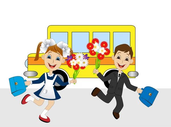 Alegre chica y chico corriendo a la escuela — Vector de stock