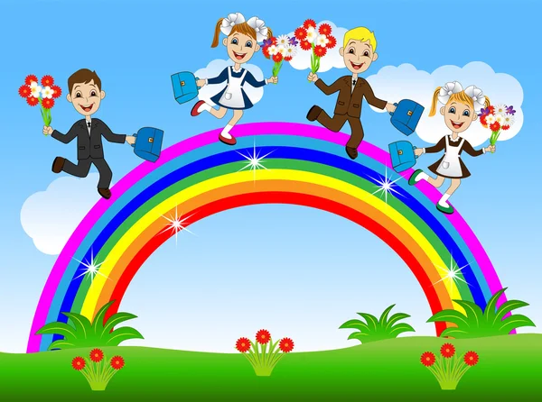 Leuke kinderen schoolkinderen lopen door de regenboog — Stockvector