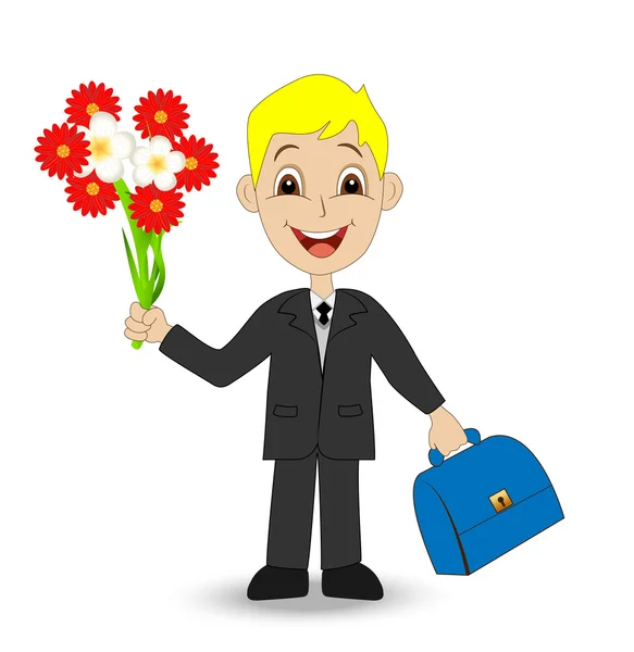 Cheerful boy with a bouquet of flowers on white background — Stock Vector