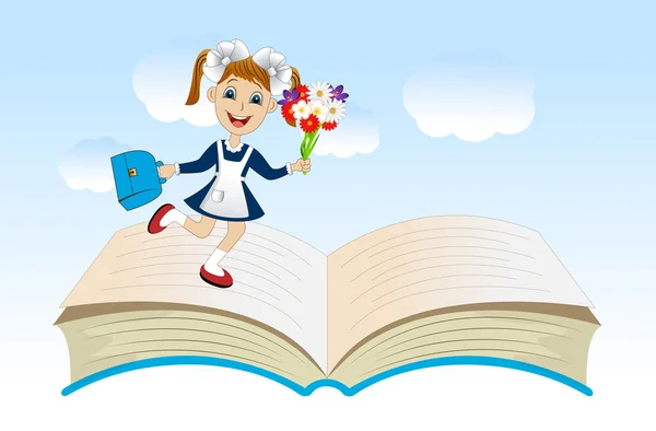 Alegre chica con un uniforme escolar en un libro abierto — Vector de stock