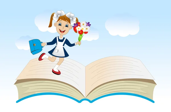 Alegre chica con un uniforme escolar en un libro abierto — Archivo Imágenes Vectoriales