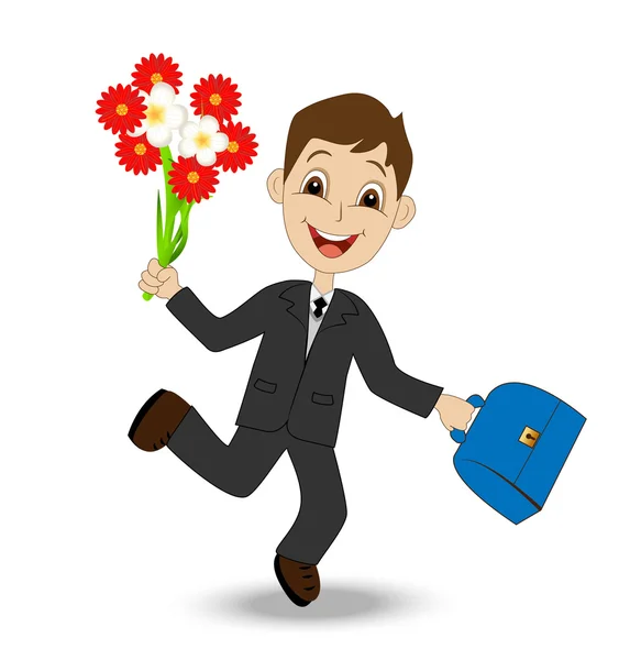 Niño alegre con un ramo de flores sobre fondo blanco — Vector de stock