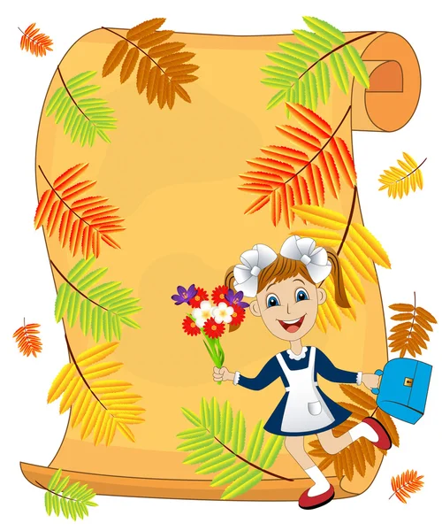 Cheerful girl in school uniform amid the branches of the ash tre — Stock Vector